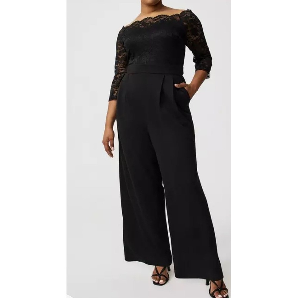 Torrid Black Lace Off the Shoulder Ponte Wide Leg Jumpsuit Plus Size 14 NWT